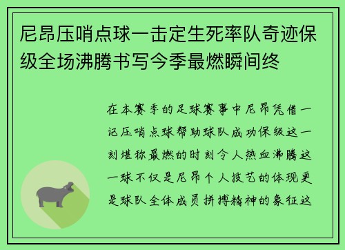 尼昂压哨点球一击定生死率队奇迹保级全场沸腾书写今季最燃瞬间终