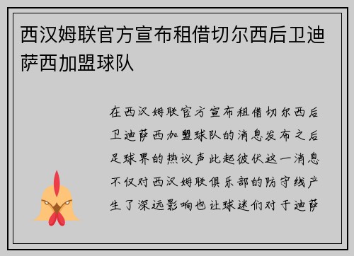 西汉姆联官方宣布租借切尔西后卫迪萨西加盟球队