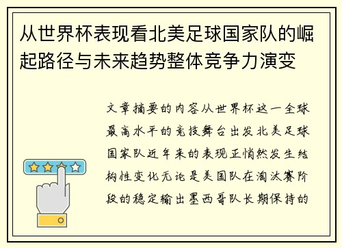 从世界杯表现看北美足球国家队的崛起路径与未来趋势整体竞争力演变