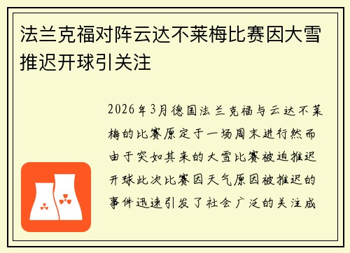 法兰克福对阵云达不莱梅比赛因大雪推迟开球引关注