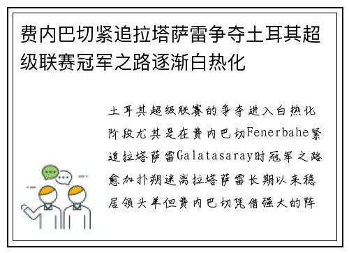 费内巴切紧追拉塔萨雷争夺土耳其超级联赛冠军之路逐渐白热化
